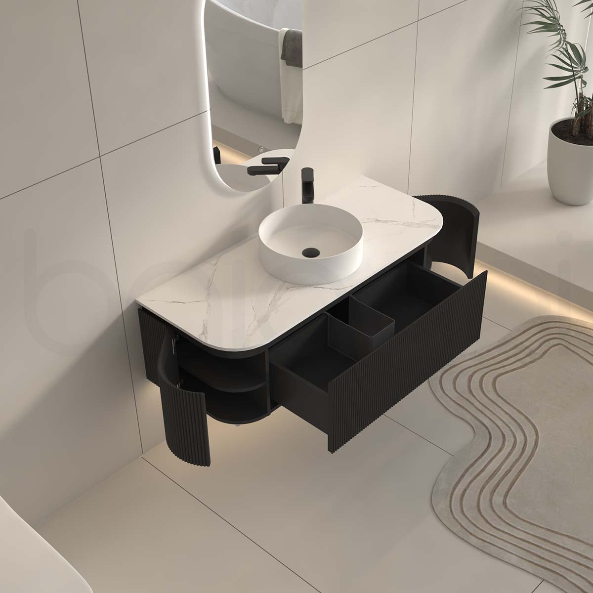 Baiachi Gympie 1200 Black Fluted Timber Bathroom Vanity Wall Hung Calacatta Stone